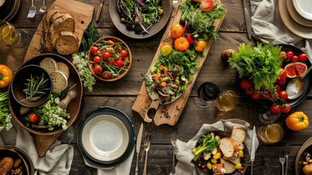 Rustic dining table with a farm-to-table spread, featuring fresh vegetables, artisanal bread, and a wooden serving platterの素材