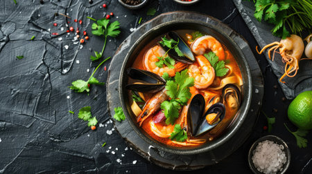 Top view of a bowl of spicy seafood noodle soup with shrimp, mussels, and squid, garnished with cilantro.の素材