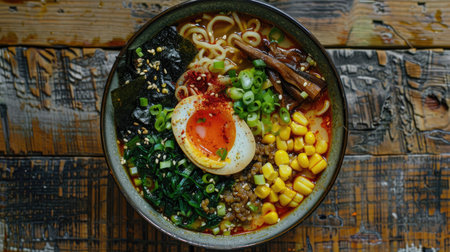 Top view of a bowl of miso ramen with soft-boiled egg, corn, green onions, and nori on a wooden table.の素材
