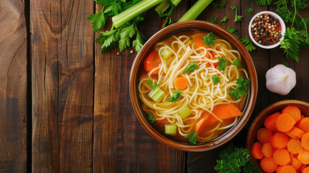 Top view of a bowl of chicken noodle soup with carrots, celery, and parsley on a wooden table.の素材