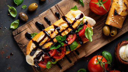 Top view of a Caprese sandwich with layers of fresh mozzarella, tomatoes, and basil leaves drizzled with balsamic glaze on a ciabatta roll, served with olives.の素材