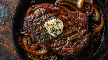 Top view of a beef steak on a sizzling cast iron skillet, topped with herb butter and accompanied by caramelized onions. Ideal for rustic and hearty meal visuals.の素材
