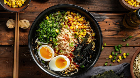 Top view of a bowl of miso ramen with soft-boiled egg, corn, green onions, and nori on a wooden table.の素材