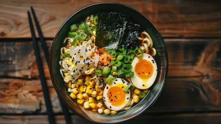 Top view of a bowl of miso ramen with soft-boiled egg, corn, green onions, and nori on a wooden table.の素材