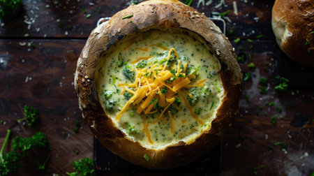 Top view of a creamy broccoli cheddar soup in a bread bowl, with a sprinkle of cheese on top, on a dark wooden tableの素材