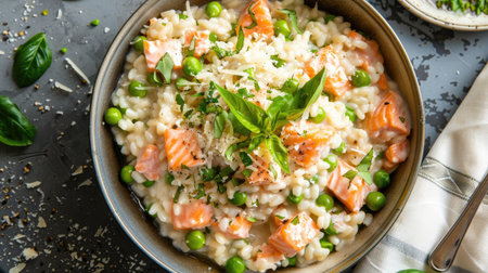 Top view of a creamy salmon risotto with peas and Parmesan cheese, garnished with fresh basil. Perfect for comforting and indulgent meal ideas.の素材