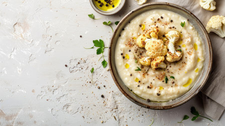 Top view of a creamy cauliflower soup, garnished with roasted cauliflower and a drizzle of olive oil, on a light backgroundの素材