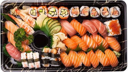 Top view of a gourmet salmon sushi platter featuring nigiri, sashimi, and maki rolls with soy sauce, wasabi, and pickled ginger. Perfect for Japanese cuisine themes.の素材