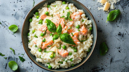 Top view of a creamy salmon risotto with peas and Parmesan cheese, garnished with fresh basil. Perfect for comforting and indulgent meal ideas.の素材