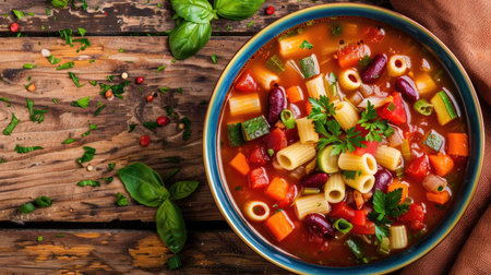 Top view of a colorful bowl of minestrone soup, packed with vegetables and pasta, on a rustic wooden tableの素材