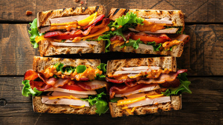 Top view of a delicious club sandwich with layers of turkey, bacon, lettuce, tomato, and cheese on whole wheat bread, arranged on a rustic wooden table.の素材