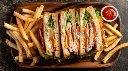 Top view of a classic club sandwich with layers of turkey, bacon, lettuce, tomato, and mayonnaise on toasted bread, served with crispy French fries on a wooden platter.の素材
