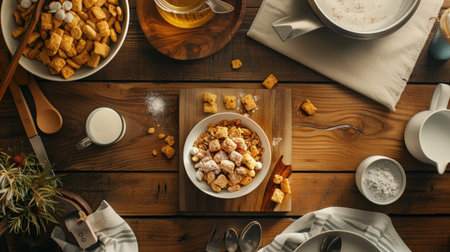 Top view of a classic breakfast scene with a bowl of frosted cereal and milk, surrounded by a warm and inviting kitchen settingの素材