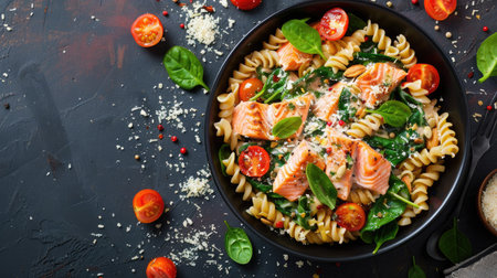 Top view of a creamy salmon pasta dish with spinach, cherry tomatoes, and a sprinkle of Parmesan cheese. Suitable for comforting and indulgent meal visuals.の素材