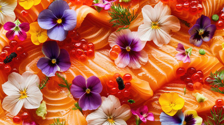 Top view of a festive salmon sashimi platter with assorted sashimi, garnished with ikura (salmon roe) and edible flowers. Great for special occasions and celebrations.の素材
