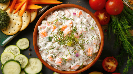 Top view of a creamy salmon and dill dip, served with an assortment of fresh vegetables and crackers. Perfect for appetizers and party food themes.の素材