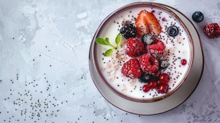 Top view of a creative breakfast idea with a bowl of mixed cereal and milk, garnished with fresh berries and a sprinkle of chia seedsの素材