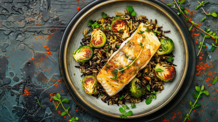 Top view of a fish steak on a bed of wild rice and roasted Brussels sprouts, garnished with fresh herbs. Suitable for healthy and rustic dining presentations.の素材