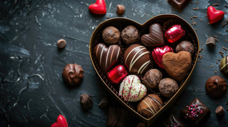 Top view of a heart-shaped box filled with assorted chocolates and candies, perfect for Valentine's Day themes.の素材