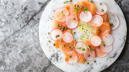 Top view of a delicate salmon carpaccio with thinly sliced radishes, capers, and a drizzle of olive oil, arranged on a marble platter. Suitable for upscale and refined dining.の素材