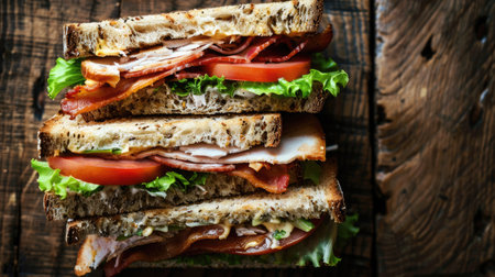 Top view of a delicious club sandwich with layers of turkey, bacon, lettuce, tomato, and cheese on whole wheat bread, arranged on a rustic wooden table.の素材