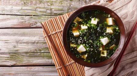 Top view of a healthy bowl of miso soup with tofu and seaweed, served with chopsticks on a bamboo matの素材