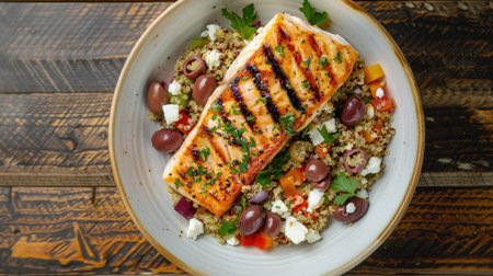 Top view of a grilled fish steak with a side of Mediterranean quinoa salad, garnished with olives and feta cheese. Perfect for vibrant and healthy meal ideas.の素材