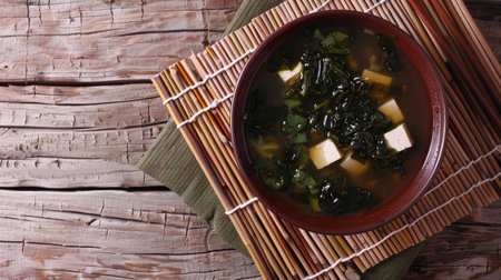 Top view of a healthy bowl of miso soup with tofu and seaweed, served with chopsticks on a bamboo matの素材