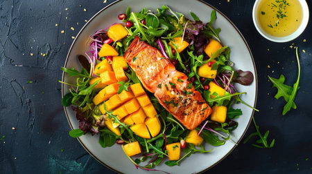 Top view of a fresh salmon and mango salad with mixed greens and a honey-lime dressing. Ideal for vibrant and tropical eating concepts.の素材