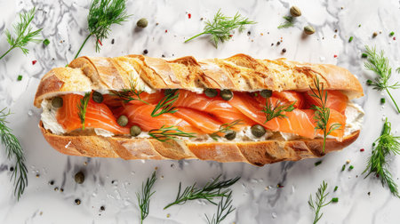 Top view of a gourmet sandwich filled with smoked salmon, cream cheese, and capers on a marble background with fresh dill scattered around.の素材
