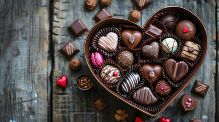 Top view of a heart-shaped box filled with assorted chocolates and candies, perfect for Valentine's Day themes.の素材