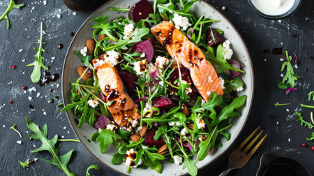 Top view of a fresh salmon and beet salad with arugula, goat cheese, and a balsamic glaze. Ideal for elegant and nutritious eating concepts.の素材