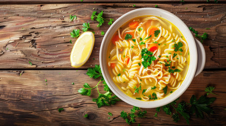 Top view of a hearty bowl of chicken noodle soup, garnished with fresh parsley and a lemon wedge on the side, served on a rustic wooden tableの素材