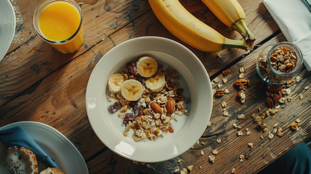Top view of a hearty breakfast setup featuring a bowl of muesli and milk, along with a banana and a glass of freshly squeezed juiceの素材