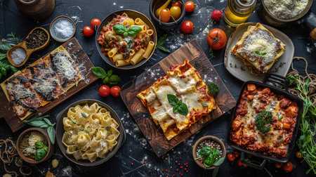 Top view of a gourmet pasta menu spread, showcasing dishes like lasagna, ravioli, and linguine with seafood, garnished with fresh herbs and Parmesan cheese on a dark background.の素材