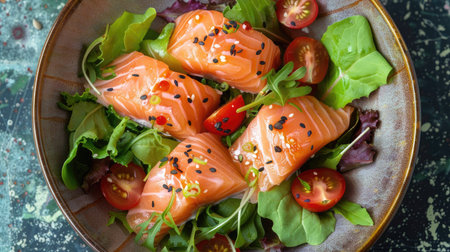 Top view of a fresh salmon sashimi salad with mixed greens, cherry tomatoes, and a light soy dressing. Perfect for light and refreshing meal visuals.の素材