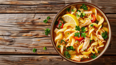 Top view of a hearty bowl of chicken noodle soup, garnished with fresh parsley and a lemon wedge on the side, served on a rustic wooden tableの素材