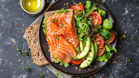 Top view of a fresh salmon and avocado sandwich on whole grain bread, served with a side of mixed greens. Perfect for lunch and healthy eating concepts.の素材