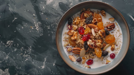 Top view of a healthy breakfast option featuring a bowl of quinoa cereal with milk, nuts, and dried fruits, arranged on a modern kitchen countertopの素材