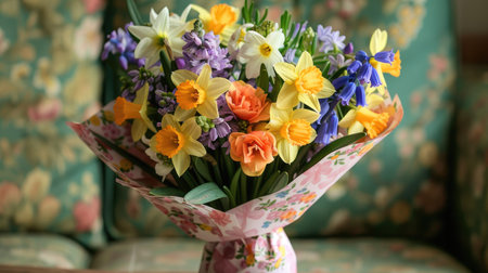 A charming bouquet of spring flowers including daffodils and hyacinths, wrapped in a floral-patterned paper.の素材