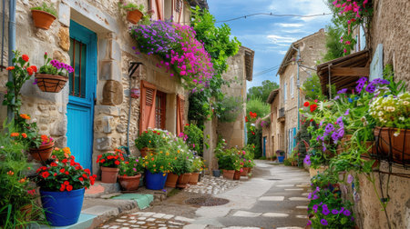 A charming village street with flower pots on windowsills and doorsteps, each bursting with color.の素材