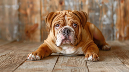 A charming English Bulldog lying on a wooden floor, with its signature wrinkled face and stocky build.の素材