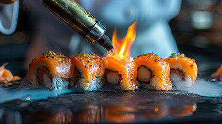 A chef using a blowtorch to sear the top of a salmon sushi roll for a dramatic effect.の素材
