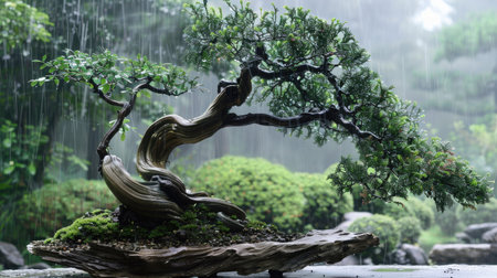 A bonsai tree with a windswept style, its branches angled as if shaped by the wind, on display in a zen garden.の素材