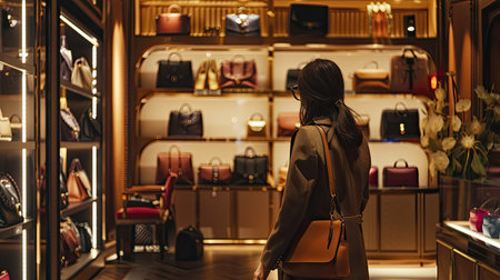 A chic woman shopping at a high-end boutique, browsing through the latest designer collections.の素材