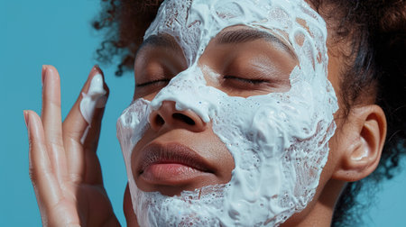 A close-up of a hand applying a hydrating face mask, capturing the self-care routine.の素材