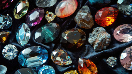 A collection of various gemstones, each displaying unique colors and reflections, laid out on a black velvet cloth.の素材