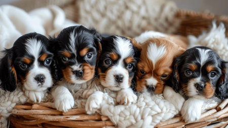 A group of Cavalier King Charles Spaniel puppies cuddling together in a basket.の素材