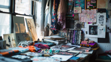 A fashion designer's workspace, filled with sketches, fabric swatches, and inspiration boards.の素材