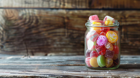 A colorful assortment of beautifully wrapped candies in a glass jar, displayed on a rustic wooden table. Perfect for a festive or nostalgic theme.の素材